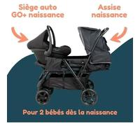 Poussette double jumeaux - - Combiné Poussette Double + Siege Auto I-size - 4 roues - Noir