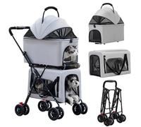 Poussette double pour chien et chat, chariot de voyage pliable à une main avec paniers amovibles, roues verrouillables, espace de rangement, poussette grise pour petits animaux