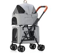 Poussette double pour chien et chat - Poussette pour 2 chiens/chats - Chariot pliable à double couche - Idéal pour les voyages jumeaux ou multiples - Respirant - Détachable (Gris a) (Gris a)