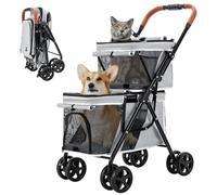 Poussette double pour chiens et chats, poussette pour animaux de compagnie de moyenne et petite taille avec cabine double couche, poussette pliable à une main, chariot de voyage, 4 roues, gris