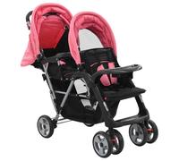 Poussette Double, Poussette Tandem Deux Places Pliable rose et noir acier