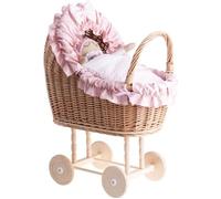 Poussette en osier pour poupée jusqu'à 45 cm - tissu rose, roues en bois, très solide