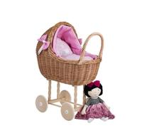 Poussette en osier pour poupée - Landau Rose - Roues en bois - 35cm - Qualité européenne