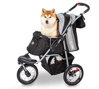 Poussette Innopet Comfort Air Eco pour chiens et chats, noir/argent - Avec pneus pneumatiques de 12 pouces - Pliable d'une seule main - Organiseur de rangement - Tissu en nylon recyclé