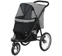 PawHut Poussette pour chien pliable en un clic, poussette chat avec panier de rangement, coussin lavable, laisse de sécurité, grandes roues en caoutchouc et auvent réglable, gris