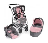 Poussette Landau Cosy 3 en 1 pour Poupee et Poupon - Rose/Gris - poignee réglable 55 à 82 cm - avec Carte Tigre