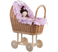 Poussette landau en osier rose pour poupée jusqu'à 35 cm avec roues en bois et literie à pois