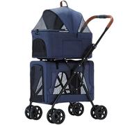 Poussette légère pliable pour animaux de compagnie, double couche, poussette pour chat et chien, idéale pour les voyages jumeaux ou multiples, respirante, cage détachable (bleu) (Bleu)