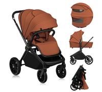 LIONELO MIKA PLUS 2 en 1 Poussette 0 à 48 mois jusqu'à 22 kg Nacelle jusqu'à 9 kg, Réglage du Dossier et du Repose-pied, Coussin, Roues Pivotantes 360° en PU Auvent XXL (Brown)