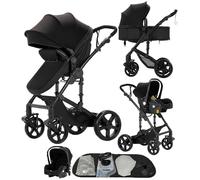 Poussette Magic ZC Poussette 3 en 1 Poussette trio Jusqu'à 15KG 0-3 ans Hamac réversible Avec grand panier Frein à pied Noir