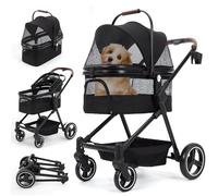 Poussette pliable 3 en 1 pour petits chiens et chats jusqu'à 15 kg - Poussette pour animaux de compagnie avec laisses de sécurité, amortissement des chocs, frein à pédale unique, fenêtres en filet et
