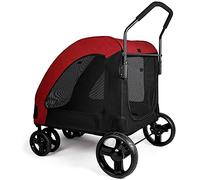 Poussette pliable à 4 roues pour gros chien, poussette de voyage légère pour chats et chiens jusqu'à 55 kg, double porte avant et arrière, roues avant à 360 ° (rouge) (rouge)