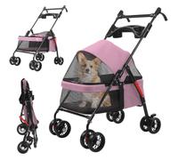 Poussette pliable à 4 roues pour petits chiens et chats, jogging pour chien de promenade avec poignée réglable, fenêtre en maille respirante, porte-gobelet, supporte 22 lb Rose