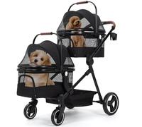 Poussette pliable à double étage pour deux petits chiens ou chats (15 kg par niveau), 3 en 1, avec fenêtres en filet, cordes de sécurité, espace de rangement et porte-gobelet, légère et adaptée aux