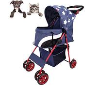 Poussette pliable à quatre roues pour chat et chien + boucle de sécurité + tube rond intégré + roue EVA haute densité style audacieux unique (bleu)