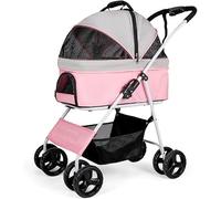 Poussette pliable de qualité supérieure pour chiens de taille moyenne, 4 roues, poussette pour chat, 2 chats, landau pour petits chiens, poussette respirante pour chien (gris foncé a) (rose)