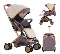 Poussette Pliable Multifonctionnelle, Dossier Réglable 175° Peut s'asseoir ou s'allonger, Auvent Ajustable, Roues Antichoc, 0-6 Ans, Avec coton et moustiquaire (Or Brun)