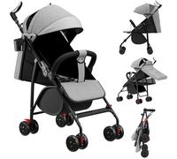 Poussette Pliable Multifonctionnelle, Dossier Réglable 175° Peut s'asseoir ou s'allonger, Auvent Ajustable, Roues Antichoc, 0-6 Ans, Avec coton et moustiquaire (Gris - B)