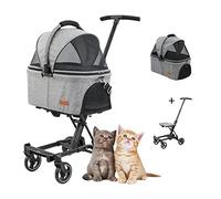 Poussette pliable pour animal domestique - Poussette pour chien Buggy Transporteur de voyage 2 en 1 Support de chariot/Panier séparé pour animaux de compagnie Poussette légère à auvent réglable (Gri