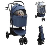 Poussette pliable pour animaux de compagnie 78 x 54 x 101 cm Bleu Polyester | Avec poches latérales, panier de rangement, frein à pédale, roues avant pivotantes, cadre en acier
