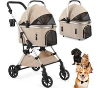 Poussette pliable pour animaux de compagnie avec couvercle, chariot de promenade à 4 roues pour chiens et chats de petite/moyenne avec panier de rangement et porte-gobelet Khaki