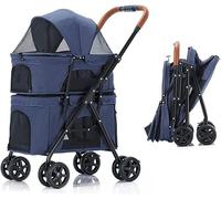 Poussette pliable pour animaux de compagnie pour 2 chiens/chats, chariot double couche pour animaux de compagnie, poussette de voyage respirante, cage pour chat pour lits jumeaux ou multiples (bleu)