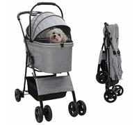 Poussette Pliable pour Animaux, Gris, 81 x 47 x 99 cm, Polyester et Acier | Design pliable, roues pivotantes, verrou au pied, poches latérales, panier inférieur, idéale promenades urbaines