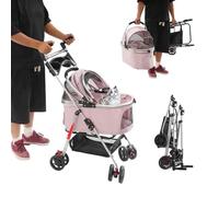 Poussette pliable pour chien et chat - Charge maximale : 12 kg - Multifonction - Avec panier de rangement et corde anti-détachement - Espace spacieux (rose sakura)