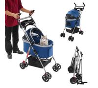 Poussette pliable pour chien et chat - Charge maximale : 12 kg - Multifonction - Avec panier de rangement et corde anti-détachement - Espace spacieux - Bleu foncé