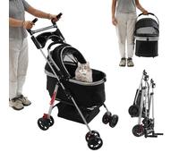 Poussette pliable pour chien et chat - Charge maximale : 12 kg - Multifonction - Avec panier de rangement et corde anti-détachement - Espace spacieux - Noir
