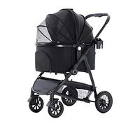 Poussette pliable pour chien et chat, système de voyage 3 en 1 avec 4 roues de transport amovibles pour chiots de petite et moyenne taille (gris) (noir)