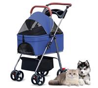Poussette pliable pour chiens de petite et moyenne taille, roues réglables rotatives à 360°, grand panier de rangement, imperméable, panier amovible, poignée confortable, bleu