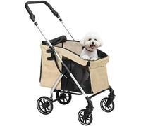 Poussette pliable pour chiens de petite taille jusqu'à 10 kg avec roues universelles, cadre en aluminium, sangle de sécurité, coussin lavable et fenêtres 80 x 48,5 x 106 cm, kaki