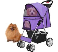 Poussette pliable pour chiens et chats - 4 roues verrouillables, auvent réglable, harnais de sécurité, fenêtres en maille, support de stockage/boisson, supporte les animaux jusqu'à 15 kg