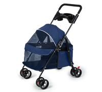 Poussette pliable pour chiens et chats de petite et moyenne taille, landau avec frein et auvent réglable, grand panier de rangement et fenêtre en maille visible, poussette légère pour extérieur bleu
