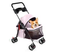 Poussette pliante à 4 roues pour chien et chat avec porte-tasse, maille respirante et visible pour petit chien (rose)