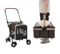 Poussette pliante pour animal de compagnie, 46 x 58 x 97 cm, 35 kg, poignée réglable, 3 en 1, avec sac de rangement arrière et 4 roues, poussette à deux étages pour animaux de compagnie (couleur café)