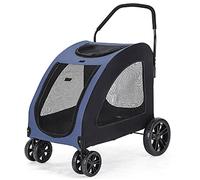 Poussette portable 3 en 1 pour animal de compagnie, poussette de voyage pliable avec roue avant rotative à 360 °, design respirant sur tous les côtés, avec système de frein à pied (bleu)