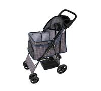 Poussette Pour Animal de Compagnie Bleu Tartan Pliable Capacité de 15kg 4 Roules Chat Chien Crochet de Sécurité Laisse Coussin Fenêtres de Maille Panier Porte-Gobelet & Imperméable Couverture de Pluie
