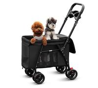 Poussette pour animal domestique à 4 roues - Poussette facile à plier pour chien et chat de petite et moyenne taille, sac de transport pliable en maille respirante et visible avec porte-gobelet (noir)