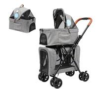 Poussette pour Animaux de Compagnie à 2 Couches avec Support Supérieur Amovible - Poussette de Voyage Pliable Double pour Animaux de Compagnie - 4 Roues Voyage Marche Cage de Transport,Grey