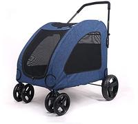 Poussette pour animaux de compagnie Landau pour grands chiens jusqu'à 55 kg 4 roues Poussette de voyage pliable légère pour chien Portes doubles avant et arrière Roue avant à 360 ° (Bleu) (Bleu)