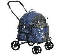 Poussette pour animaux de compagnie PawHut 2 en 1 avec protection contre la pluie, poussette pliable pour chats avec 2 laisses de sécurité, pour petits chiens et chats, Oxford, bleu foncé