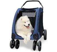 Poussette pour animaux de compagnie tout terrain pliable pour animal de compagnie, landau pour chat, 4 roues, max 55 kg, grand chariot pour chien, remorque (gris) (bleu)