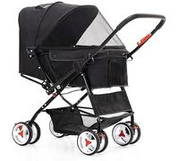 Poussette pour chat/chien facile à plier d'une seule main, 4 roues pour chiens de taille moyenne et petite, poignée de poussée réversible, poussette pour chiot et chaton (Nero) (Nero)