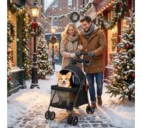 Poussette pour chien à 4 roues, poussette pliable avec double suspension arrière de frein et porte-gobelet, poussette de transport en maille visible, poussette de voyage réglable pour chiens de petite