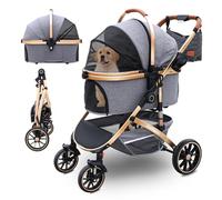Poussette pour chien avec 4 roues, grandes tailles pour chiens et chats jusqu'à 30 kg, pour 2 chats, roues en caoutchouc résistantes à l'usure à 360 °, fenêtre en filet, multifonction 3 en 1 (gris