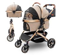Poussette pour chien avec 4 roues, pour grands chiens et chats jusqu'à 30 kg, pour 2 chats, roues en caoutchouc résistantes à l'usure à 360 °, fenêtre en filet, multifonction 3 en 1 (kaki, 39,8 x 77 x