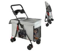 Poussette pour Chien Chat Pliable, Chariot pour Animaux de Compagnie avec Roues 360°, 5 Fenêtres de Ventilation, Plateau Amovible, Freins, Charge 25kg pour Petits et Moyens Chiens