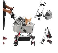 Poussette pour chien et chat - Pliable - Pour chien et chat - Charge maximale : 12 kg - Multifonction - Avec panier de rangement et corde anti-détachement - Espace spacieux - Gris